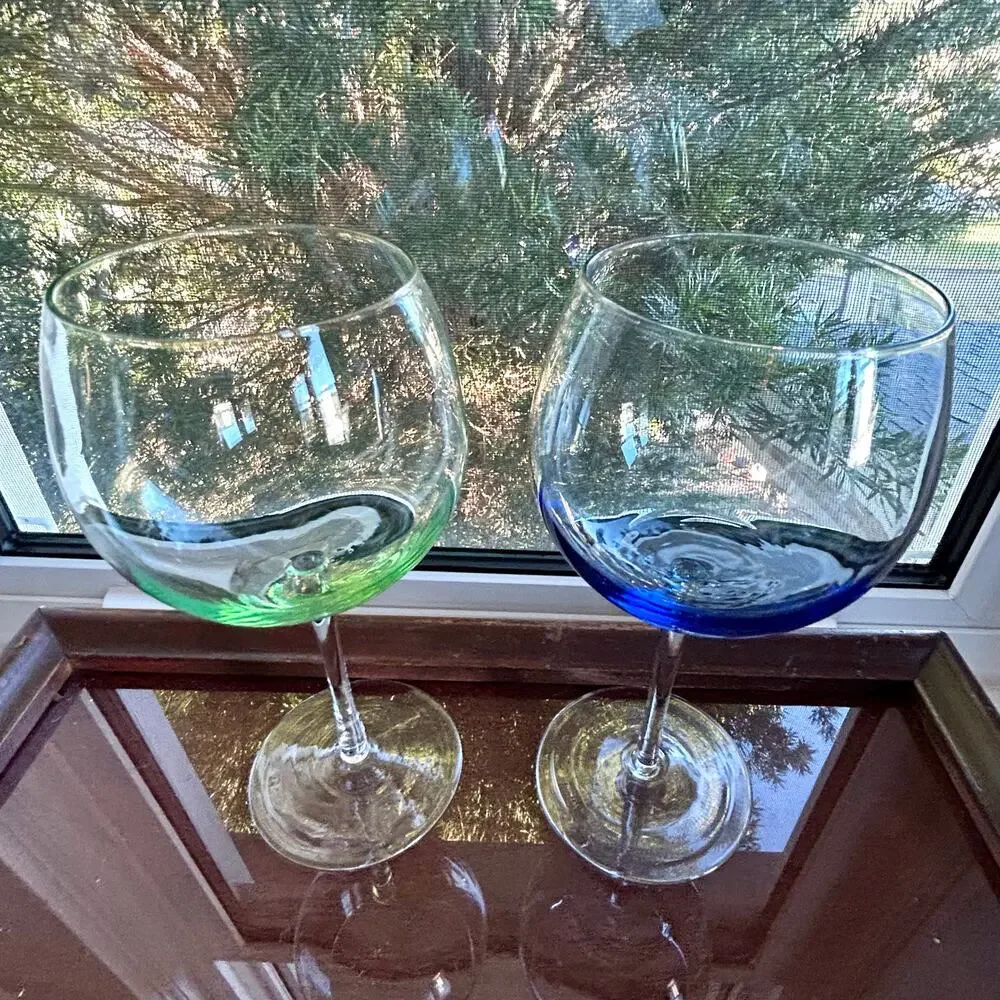 Vintage Color Base Balloon Wine Glasses Green Blue Stemware Pair